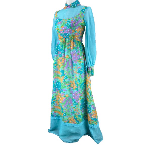 Vtg 60s MOD Maxi Dress XS/S Chiffon Flower Power Psychedelic Hippie‎ Gown Floral - Picture 5 of 13